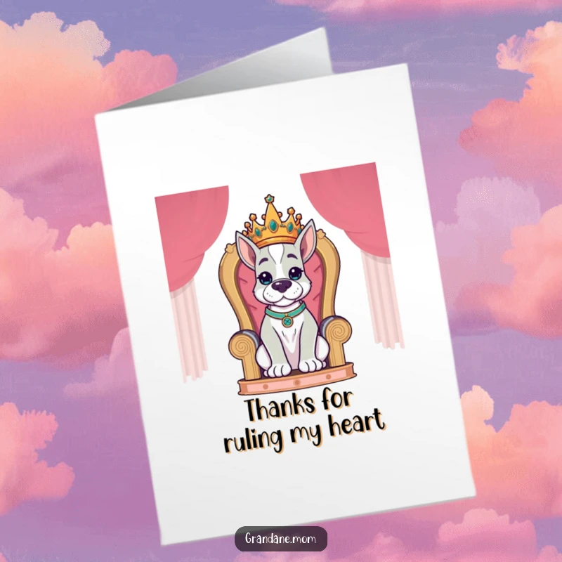 Funny Free Printable Thank You Card: A Grand Dane in a crown on a throne, offering a noble gesture of thanks.