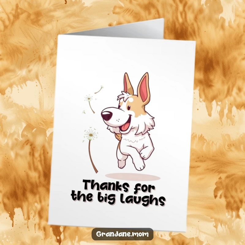 Funny Free Printable Thank You Card: Grand Dane bounding through a field, joyfully pursuing a single airborne dandelion seed.