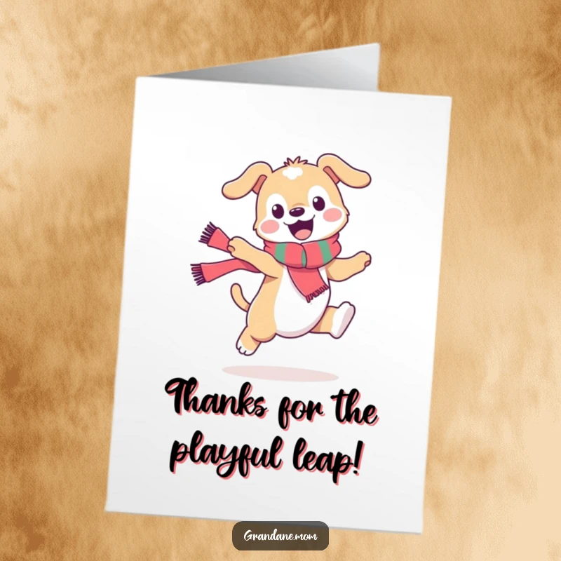 Funny Free Printable Thank You Card: Adorable daniff in a scarf leaping with joy, offering thanks humorously.