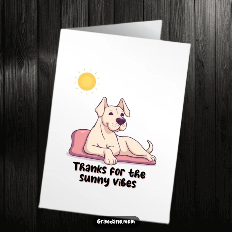 Funny Free Printable Grand Dane thank you card, a relaxed dog stretching in the sun, conveying peaceful gratitude.