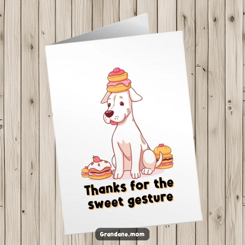 Funny free printable Grand Dane thank you card, a large dog elegantly balancing a tower of pastries on its head, showing thanks.