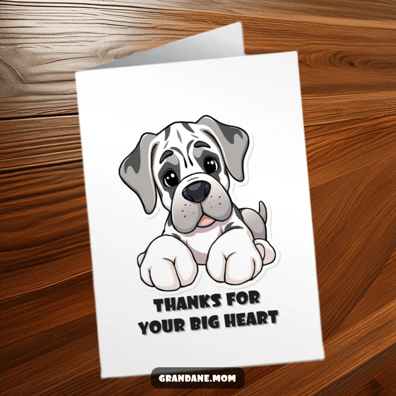 Free Printable Thank You Card: A Grand Dane with massive paws offers a well-loved soft toy as thanks.