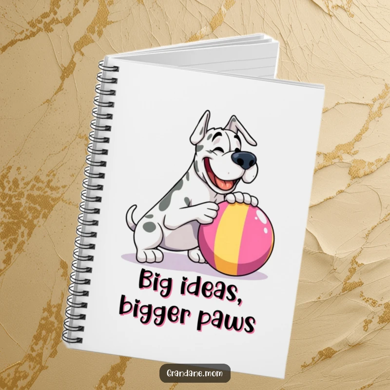 Funny Grand Dane notebook, a happy giant dog playfully nudging a colorful ball, inspiring creativity and smiles.