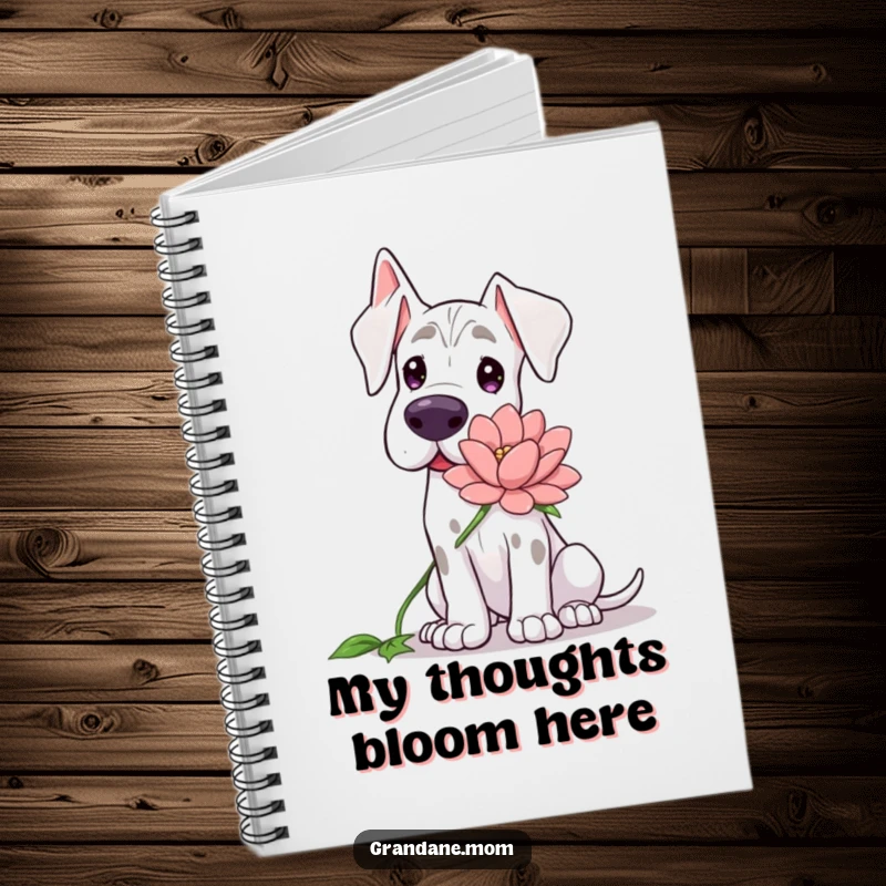 Funny Grand Dane notebook, cover art of a gentle dog offering a large flower with a kind demeanor.