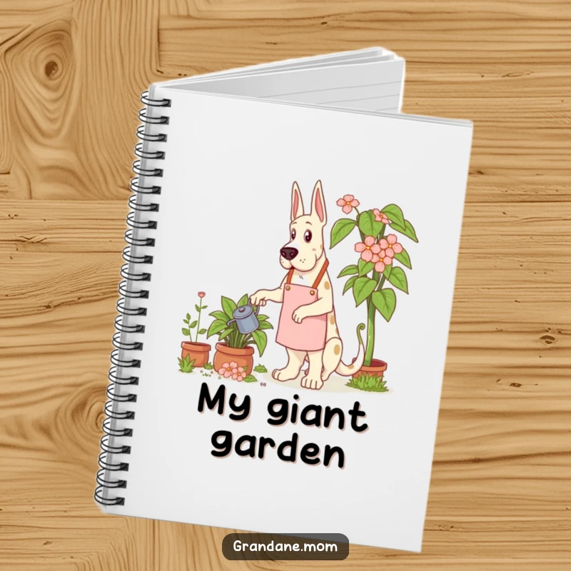 Funny Grand Dane Gardener Notebook showing a Grand Dane dog in a gardening apron, watering a giant plant.