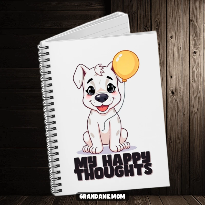 Funny Grand Dane Happy Notes Notebook, a smiling dog holding a bright balloon, perfect for writing, a humorous and cheerful gift.