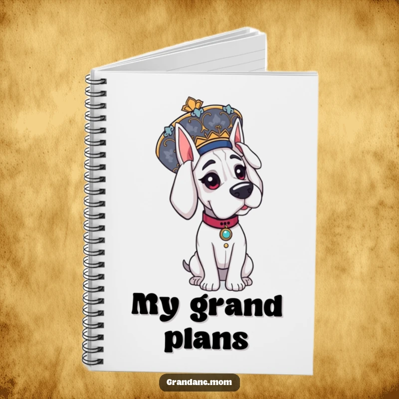 Funny Grand Dane notebook, cover features an elegant dog sporting a large, ornate, fashionable hat.