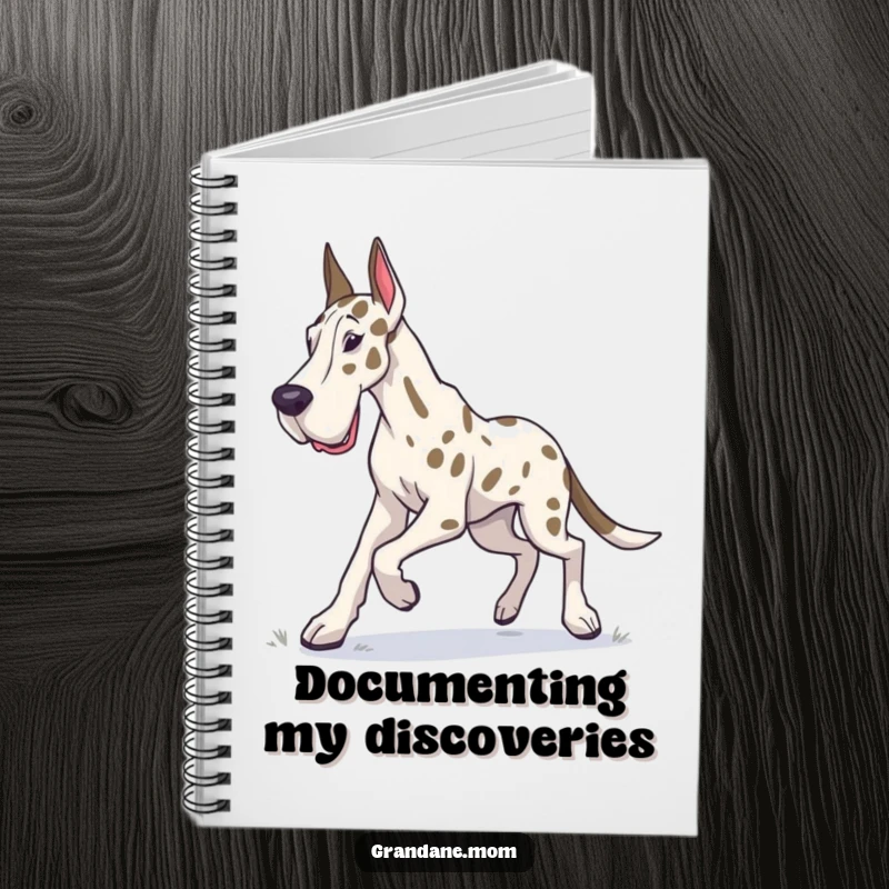Funny Grand Dane notebook cover featuring a dog in a determined trot, inspiring users to chart their adventures.