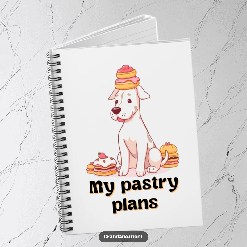 Funny Grand Dane notebook with a graceful dog balancing a stack of delicate pastries on its cover, ideal for notes.