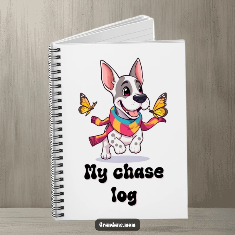 Funny Grand Dane notebook with a cheerful dog in a scarf chasing a butterfly, perfect for notes and creative ideas.
