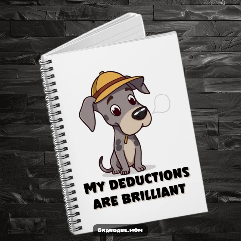 Funny Great Dane detective notebook with a dog in a hat, ideal for writing notes and as a humorous gift.