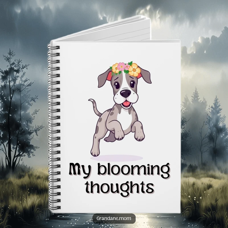 Funny Great Dane floral headband notebook featuring a large dog prancing playfully, perfect for jotting down happy ideas.