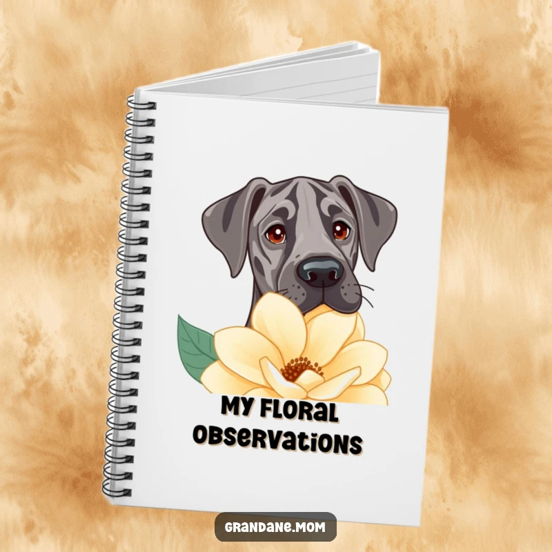 Funny Notebook cover showing a Great Dane with gentle eyes peeking over a large flower, inspiring creativity.