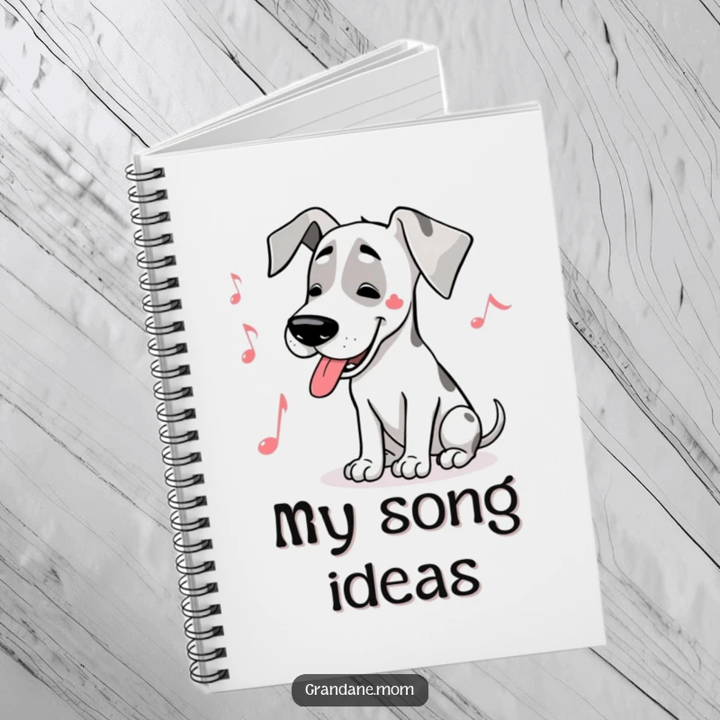 Funny Great Dane musical notebook featuring a large dog humming a tune, perfect for writing down lyrics and notes.