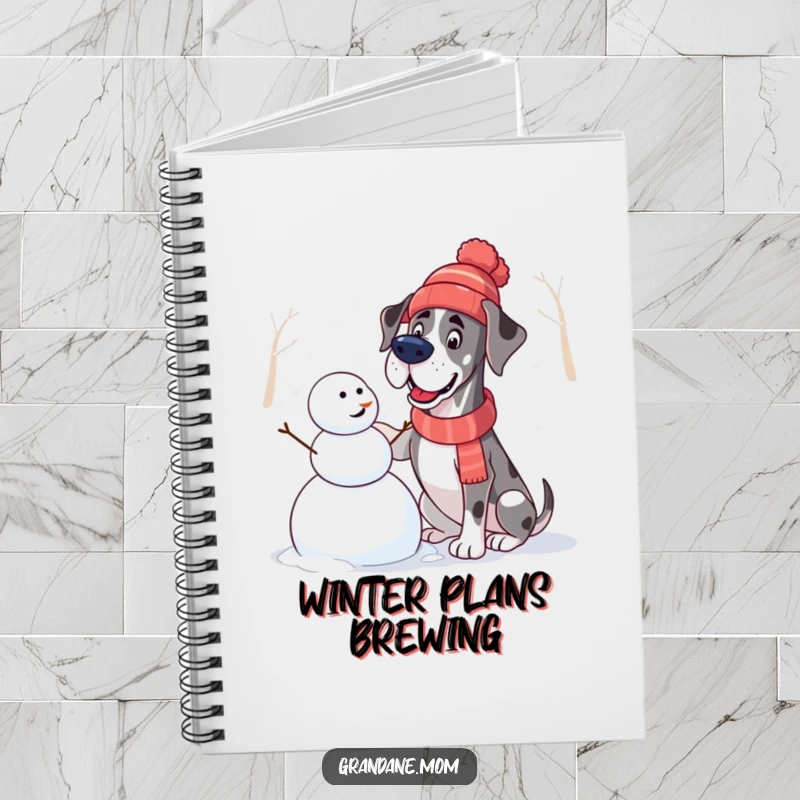 Funny Great Dane Notebook: Cover features a dog in a hat building a snowman, inspiring winter-themed writing.