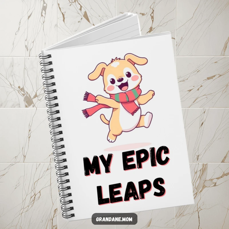 Funny daniff notebook, a stylish dog in a scarf performing a playful leap, ideal for jotting notes with canine charm.