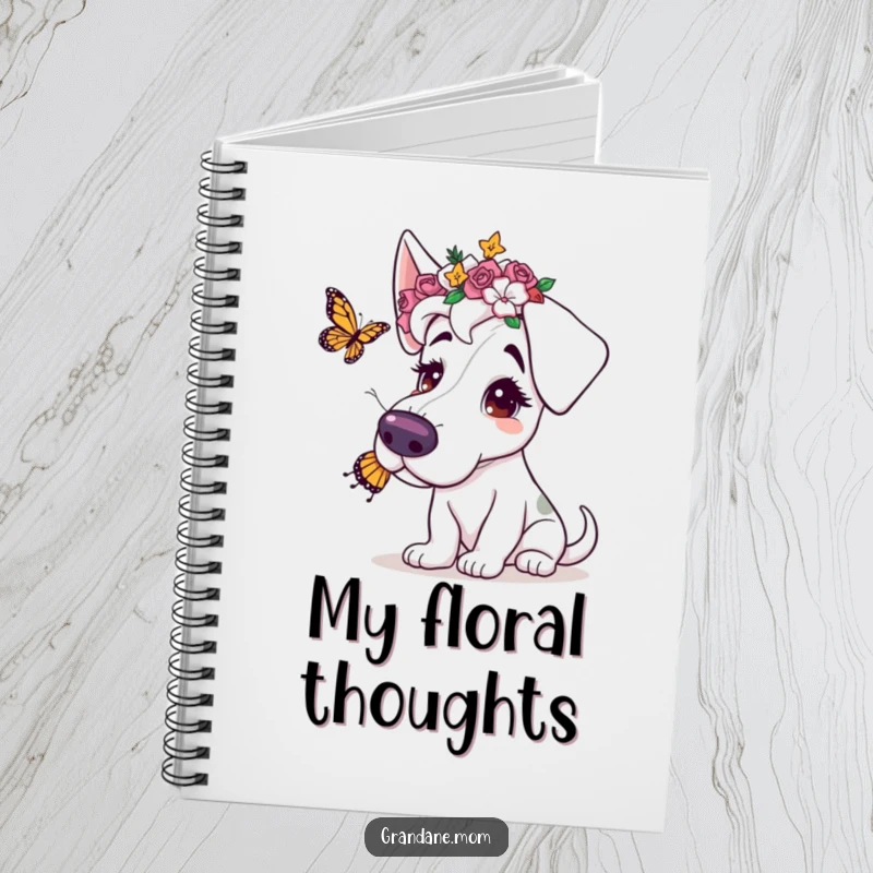 Funny notebook with a Grand Dane wearing a flower crown, batting at a butterfly, ideal for journaling and capturing gentle ideas.