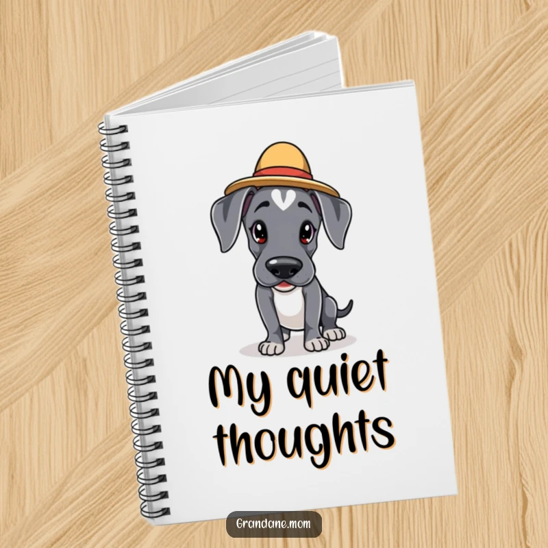 Funny Kawaii Great Dane notebook: an adorable dog in an elegant hat is tiptoeing cautiously, inspiring notes with cute, stealthy charm.