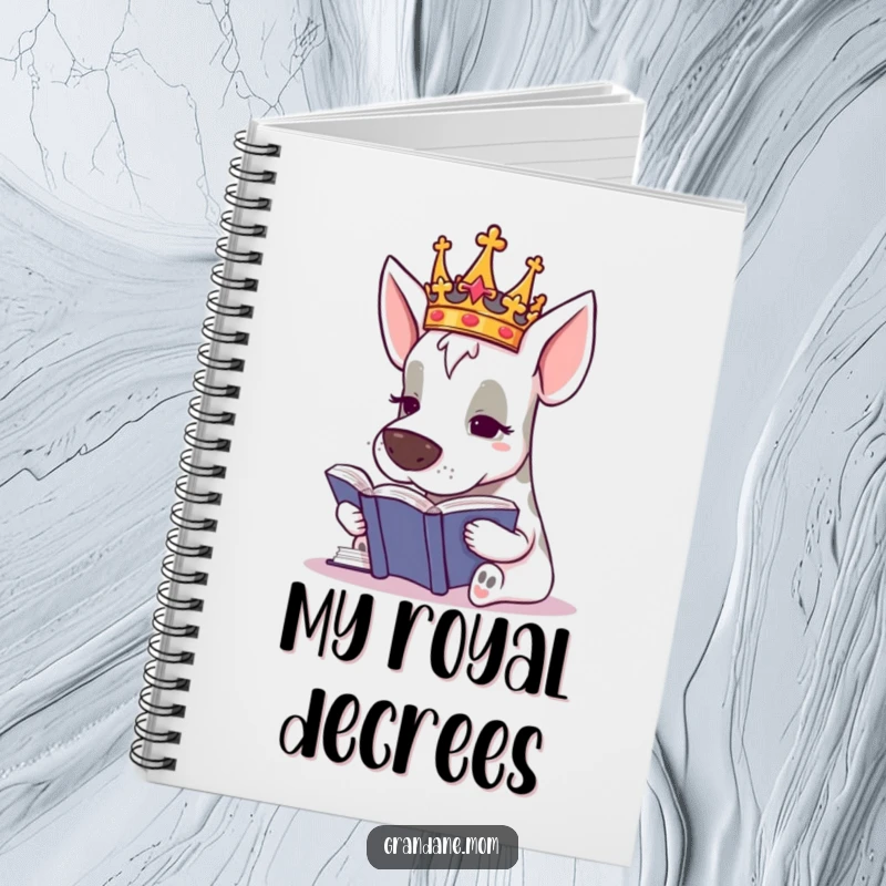 Funny Grand Dane Royal Notebook, a crowned dog reading intently, perfect for writing, a humorous and inspiring gift.