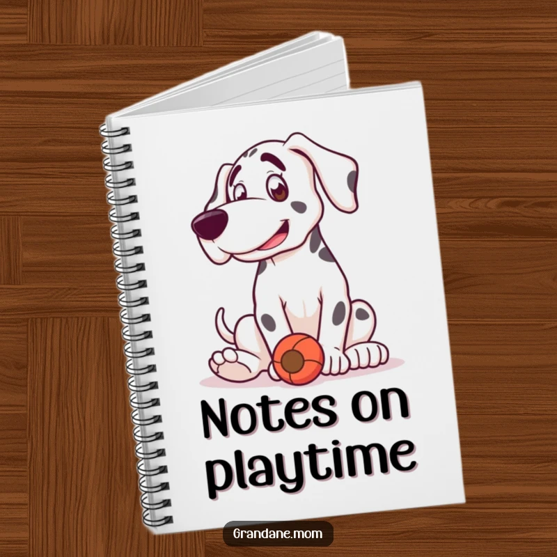 Funny Grand Dane notebook cover featuring a dog in a playful bounce, happily playing with a toy.