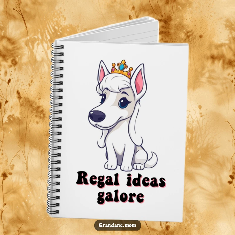 Funny Grand Dane tiara notebook with a large dog wearing a small crown, looking regal, perfect for jotting down important thoughts.