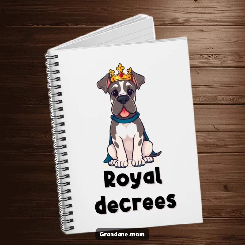Funny Great Dane dog wearing a crown sits proudly on the cover of this humorous notebook.