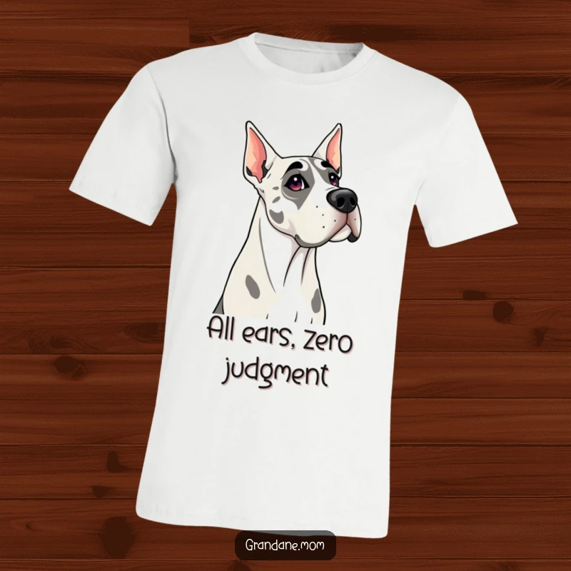 Funny Grand Dane t-shirt with a dog tilting its head curiously, perfect for expressing attentiveness and love for the breed.