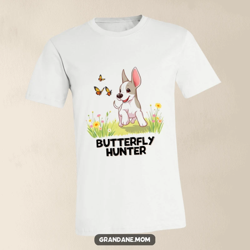 Funny, energetic Grand Dane enthusiastically pursuing a butterfly in a bright, sunny meadow with pure delight.