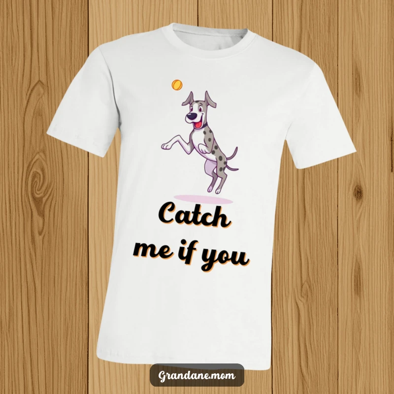 Funny Great Dane t-shirt depicting a dog with long legs joyfully leaping high to catch a toy, full of action.