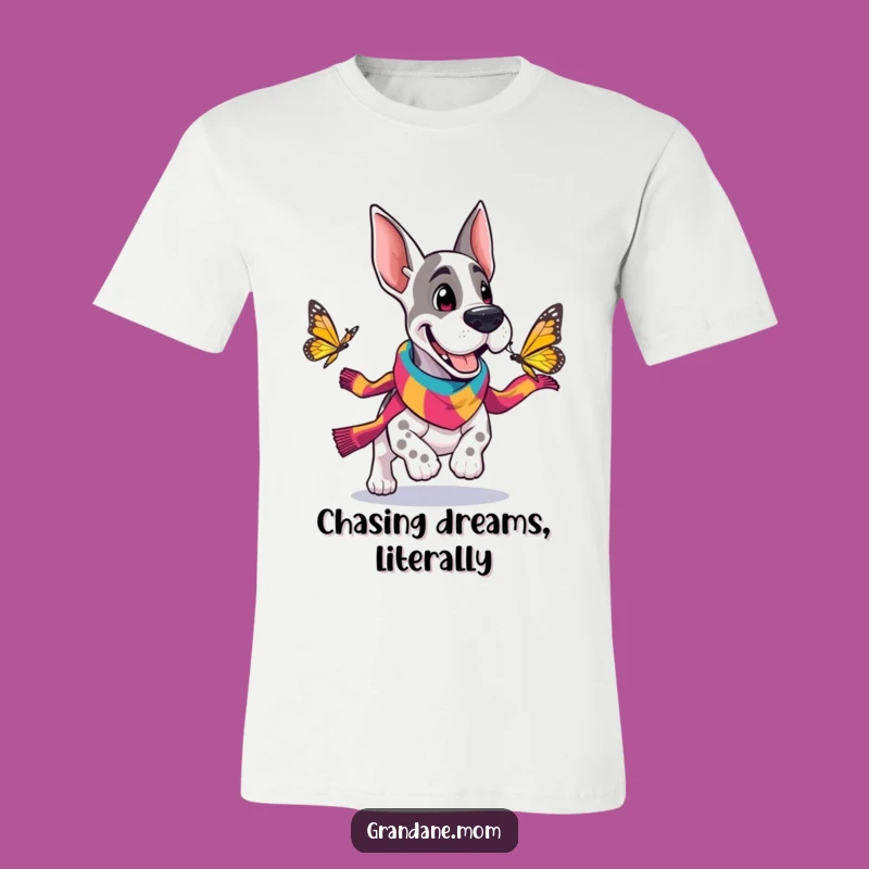 Funny Grand Dane Scarf T-Shirt: Cheerful Dog Chasing Butterfly Tee, Perfect Gift