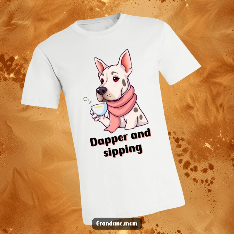 Funny Grand Dane wearing a long silk scarf, gracefully sipping tea, embodying a humorous and chic personality on this comfortable tee.
