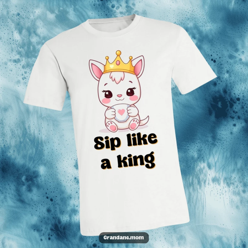 Funny daniff t-shirt of a happy dog wearing a tiny crown and holding a teacup, exuding regal and sophisticated humor.