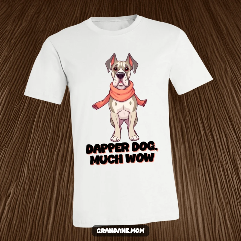 Funny Grand Dane Chic T-Shirt, a proud dog wearing a tiny elegant scarf, looking fashionable, a humorous apparel gift.