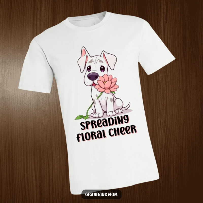Funny Grand Dane t-shirt, depicting a kind-hearted dog presenting a large, vibrant flower with a sweet demeanor.