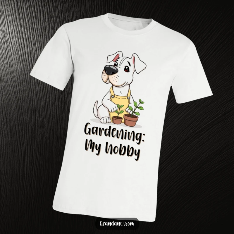 Funny Grand Dane in a gardening apron carefully tending to a small sprouting plant on this unique and humorous t-shirt.