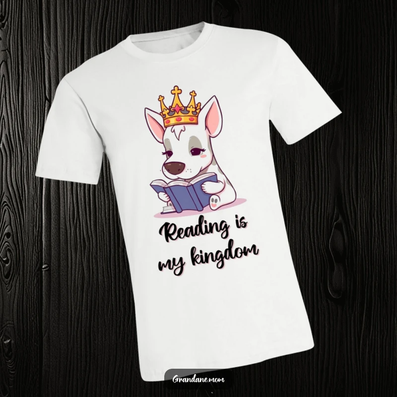 Funny Grand Dane King T-Shirt, a crowned dog studying a book, exuding regality and intellect, a humorous apparel gift.