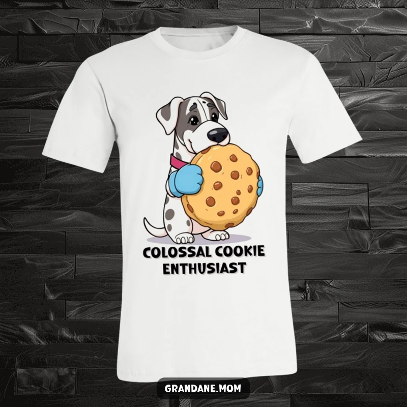 Funny Grand Dane t-shirt, wearing oven mitts, proudly presenting an enormous cookie, exuding playful charm. Ideal funny gift for dog enthusiasts.