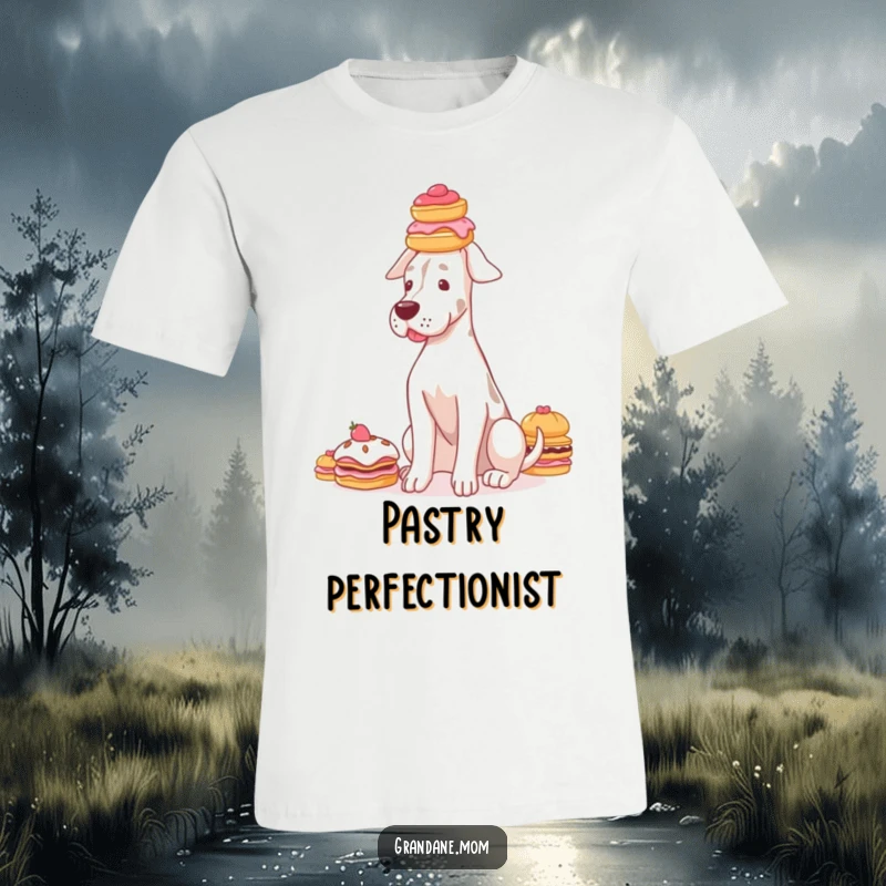 Funny Grand Dane t-shirt featuring a graceful dog balancing a tall stack of delicate pastries on its head.