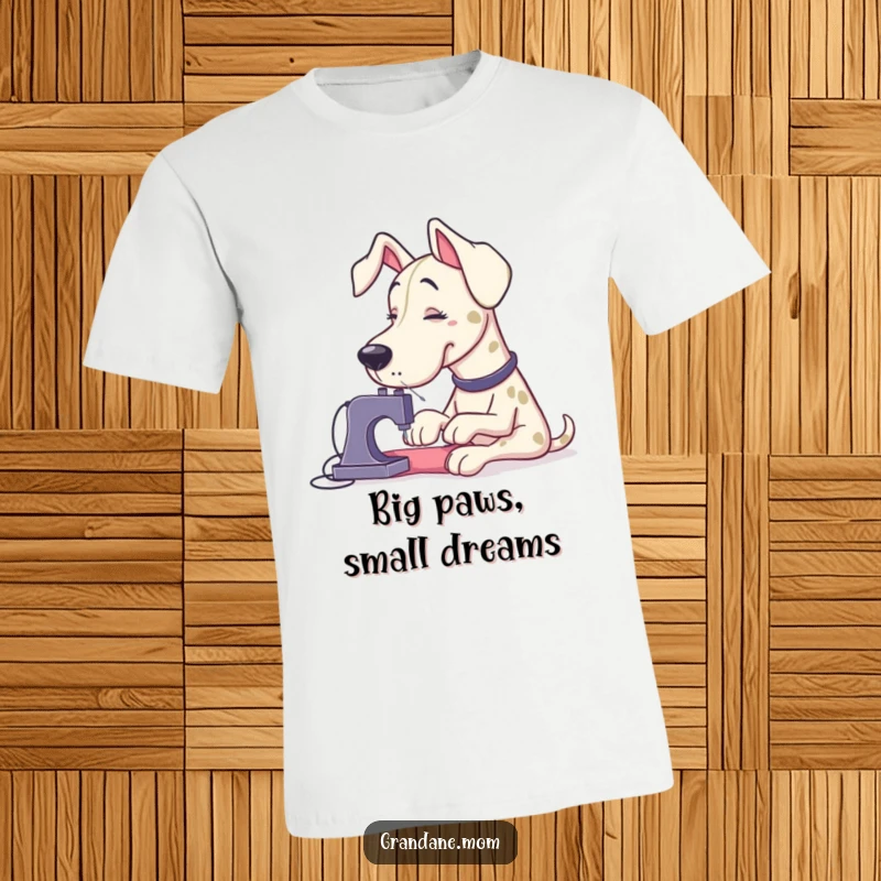 Funny Grand Dane struggling comically to sew a minuscule button using oversized sewing needles on this humorous dog t-shirt.