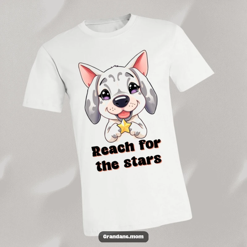 Funny Grand Dane t-shirt, ecstatic dog with a twinkle in its eye clutching a shining star, cosmic canine fun.