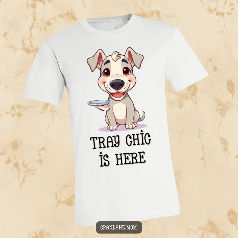 Funny Grand Dane t-shirt featuring a happy dog with a joyful expression balancing a small silver tray.