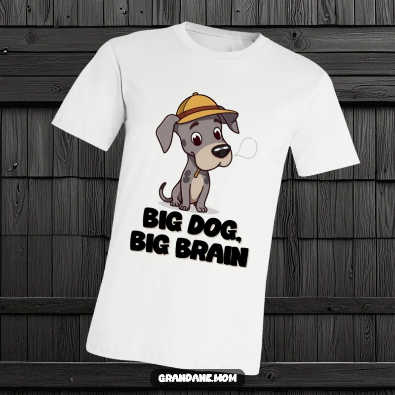 Funny Great Dane detective t-shirt showing a dog in a hat thinking hard, a great gift for mystery fans.