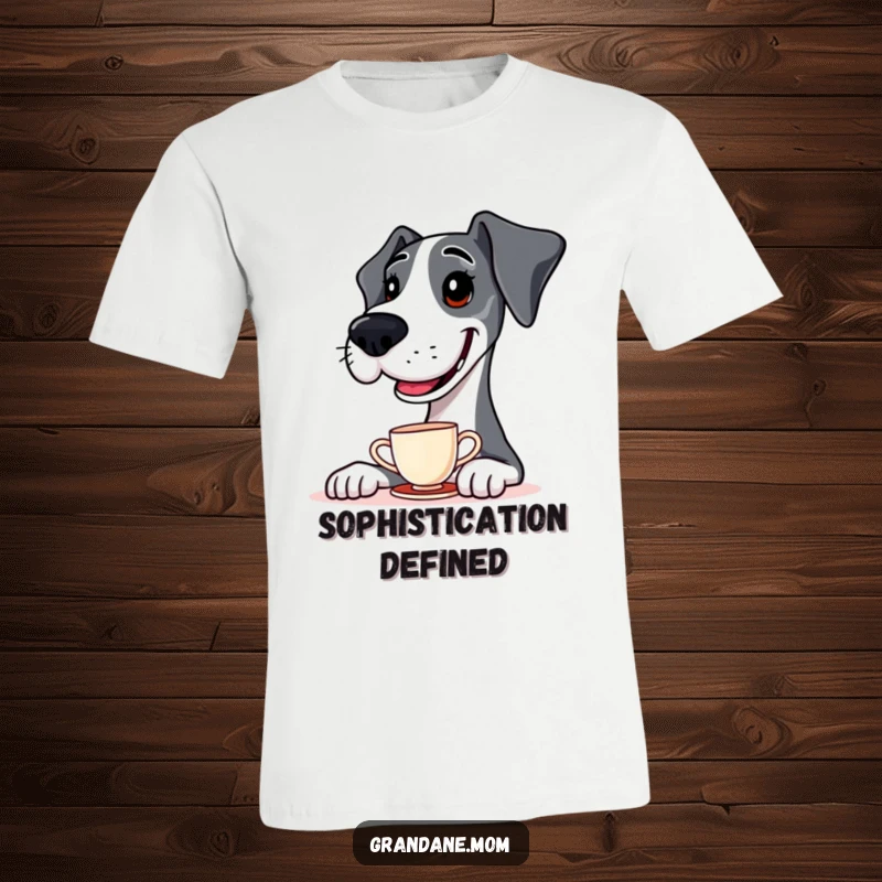 Funny T-Shirt depicting a Great Dane with perfect posture, balancing a tiny teacup on its nose with a proud grin.