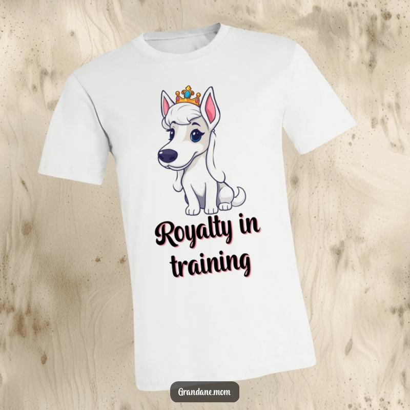 Funny Grand Dane tiara t-shirt featuring a large dog adorned with a small crown, exuding an air of royal dignity.