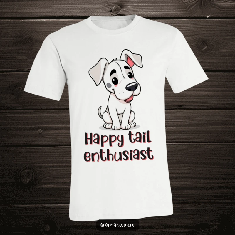 Funny t-shirt depicting a happy Grand Dane with large, floppy ears and a slow, contented tail wag, spreading joy.