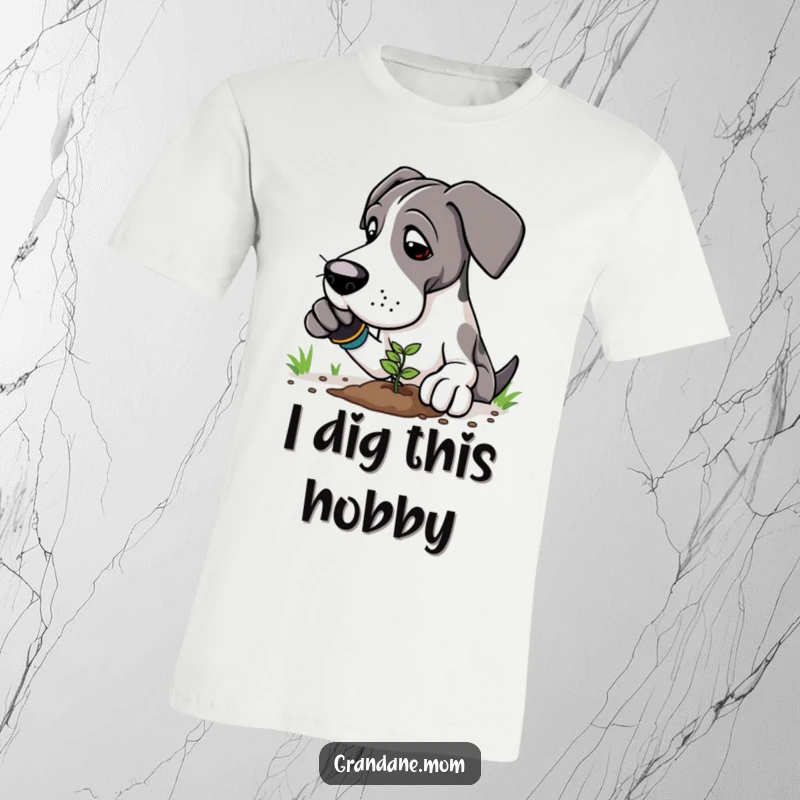 Funny Great Dane gardener t-shirt depicting a large dog with gloves, delicately planting a small seedling.