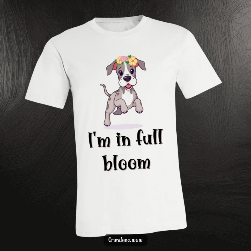 Funny Great Dane floral headband t-shirt depicting a large dog prancing joyfully with a colorful flower crown.