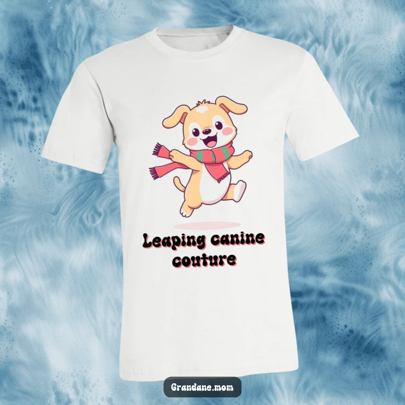 Funny daniff t-shirt, a stylish dog in a scarf doing a playful leap, capturing pure canine joy, ideal for a funny gift.
