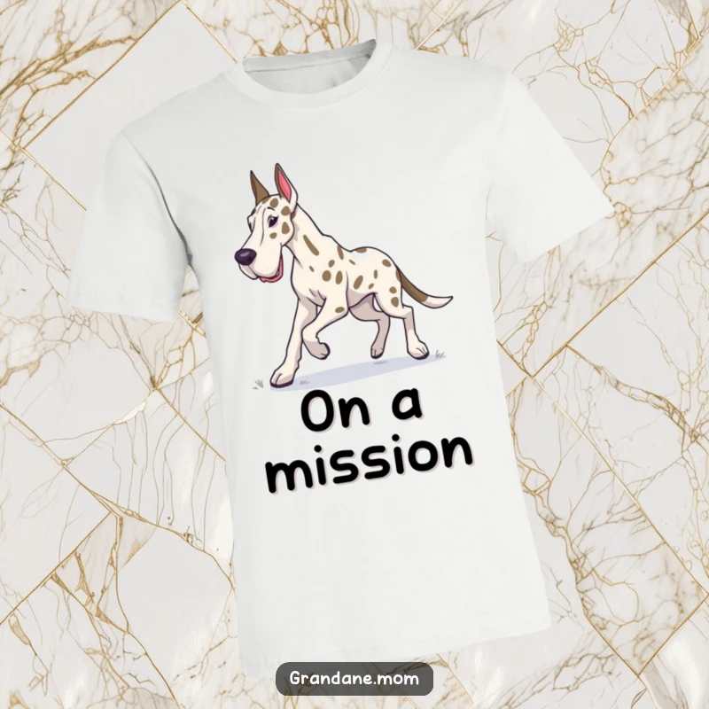 Funny Grand Dane t-shirt with a dog in a determined trot, exploring its environment with curiosity and purpose.