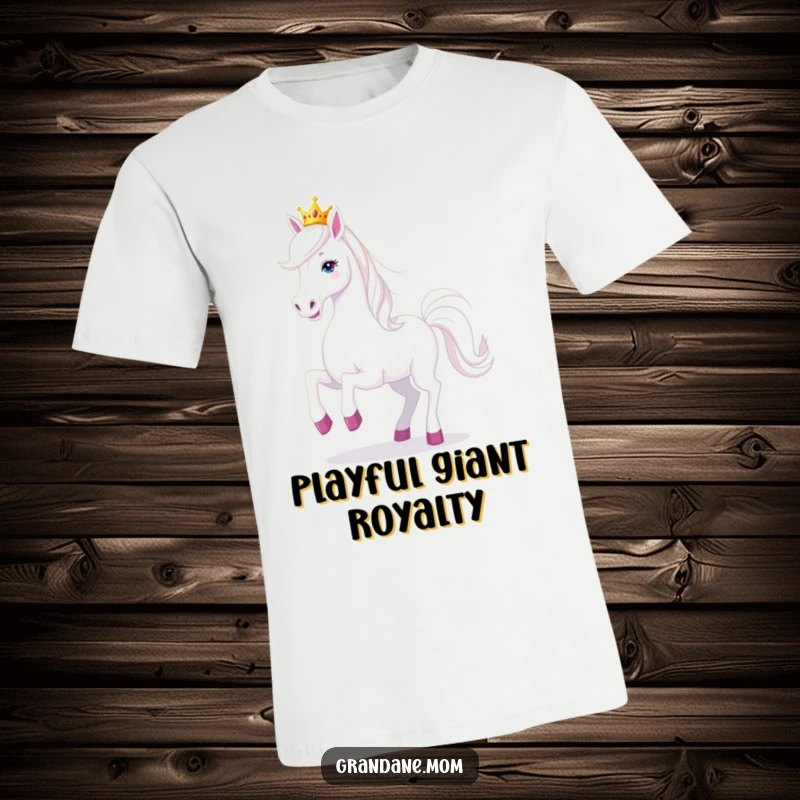 Funny Grand Dane dog wearing a tiny tiara, prancing playfully on a t-shirt, celebrating majestic and humorous canine charm.